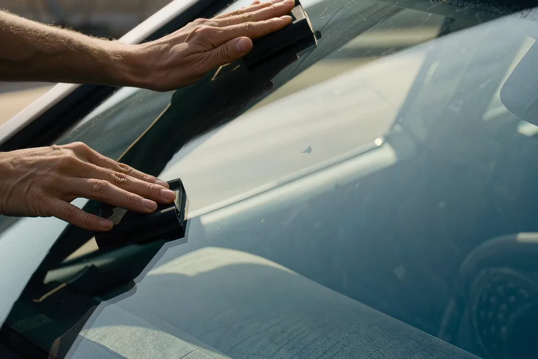 A technician's hands pressing new rubber molding along the top edge of a freshly installed windshield.