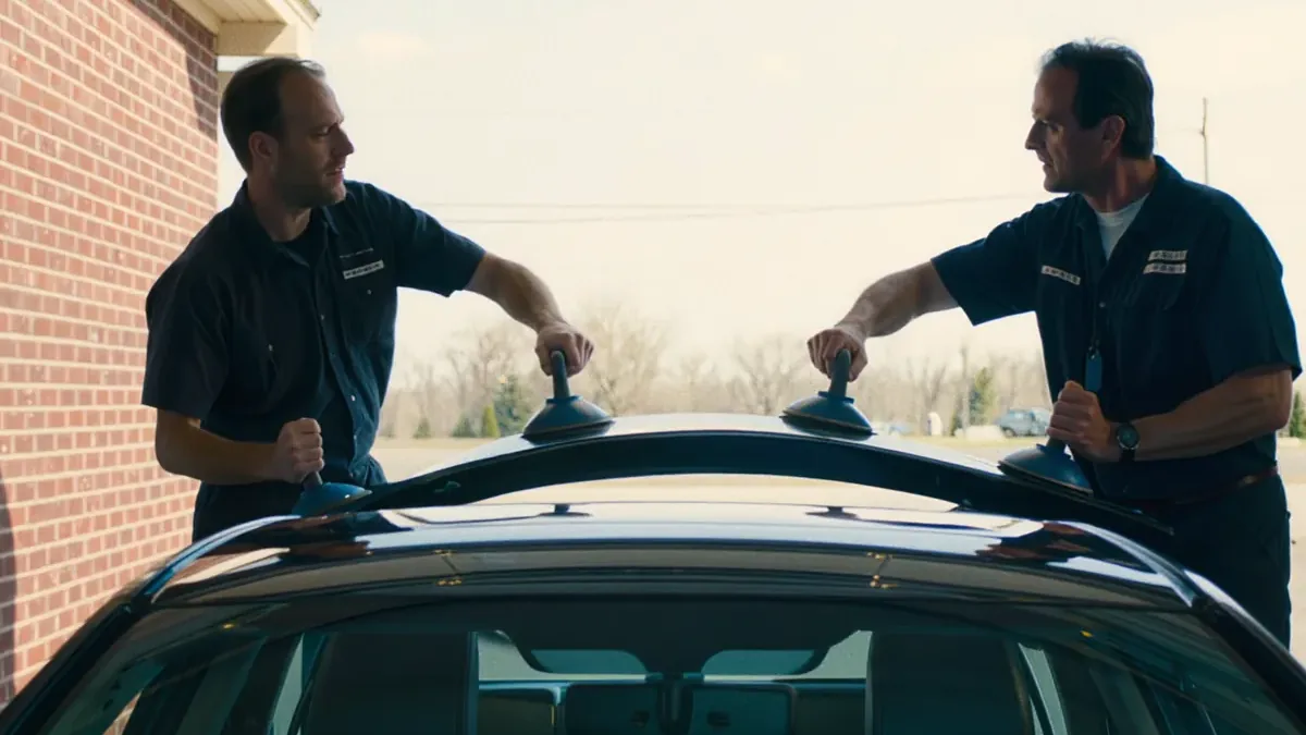 Two A & A Twin Glass technicians lifting a new windshield onto a car with suction-cup handles outside the Newark shop.